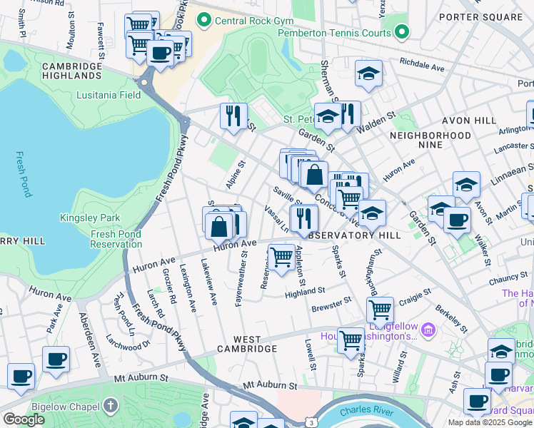 map of restaurants, bars, coffee shops, grocery stores, and more near 30 Granville Road in Cambridge