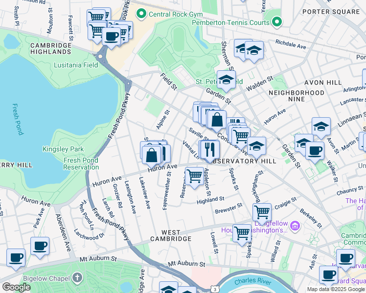 map of restaurants, bars, coffee shops, grocery stores, and more near 30 Granville Road in Cambridge