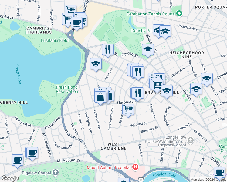 map of restaurants, bars, coffee shops, grocery stores, and more near 101 Fayerweather Street in Cambridge