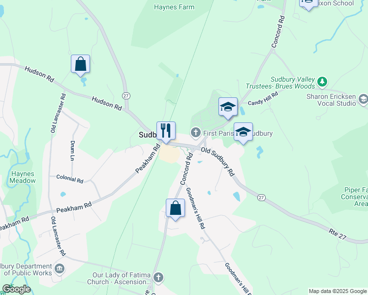 map of restaurants, bars, coffee shops, grocery stores, and more near 15 Hudson Road in Sudbury