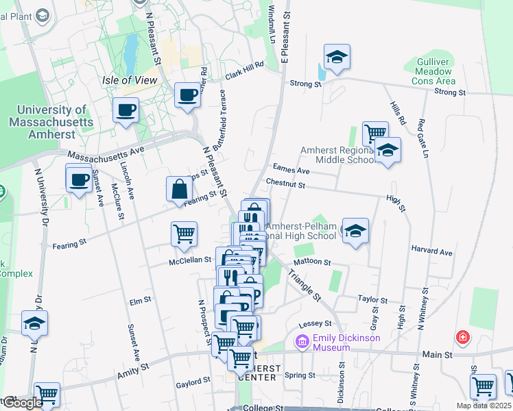 map of restaurants, bars, coffee shops, grocery stores, and more near 107 East Pleasant Street in Amherst
