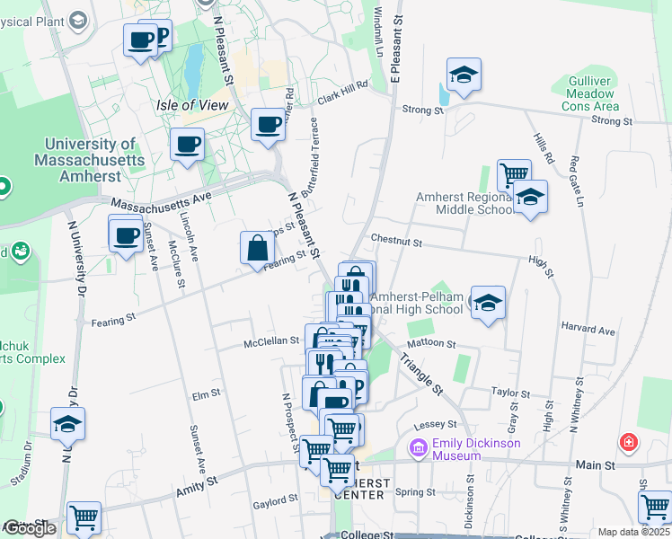 map of restaurants, bars, coffee shops, grocery stores, and more near 107 East Pleasant Street in Amherst
