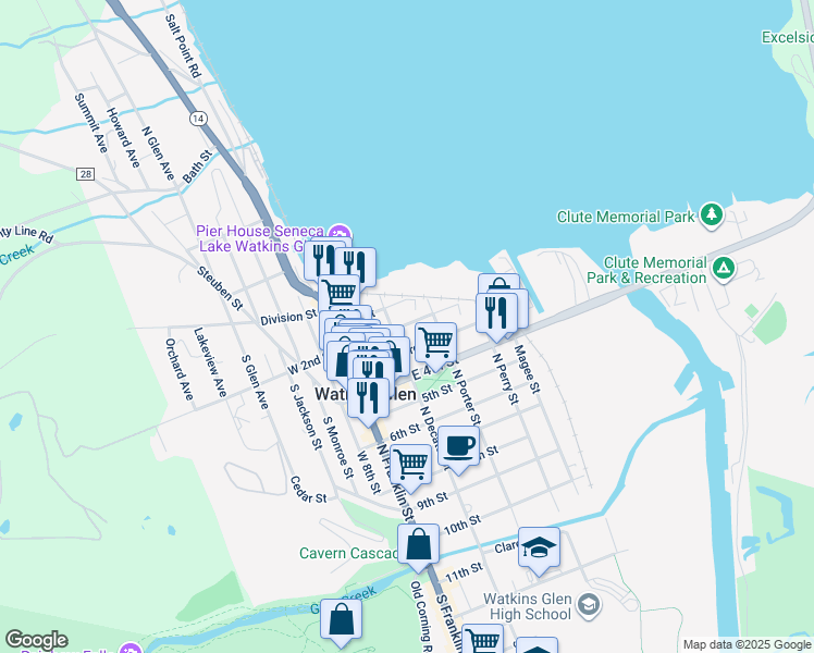map of restaurants, bars, coffee shops, grocery stores, and more near 200 North Decatur Street in Watkins Glen