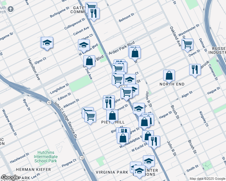 map of restaurants, bars, coffee shops, grocery stores, and more near 90 Clairmount Avenue in Detroit