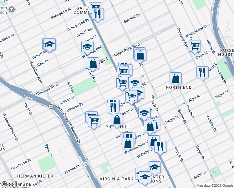 map of restaurants, bars, coffee shops, grocery stores, and more near 90 Clairmount Avenue in Detroit
