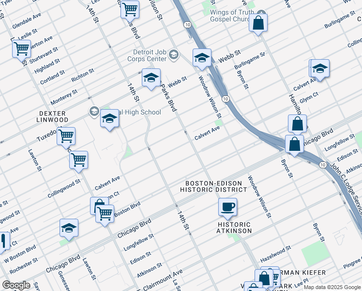 map of restaurants, bars, coffee shops, grocery stores, and more near 1931 Calvert Avenue in Detroit