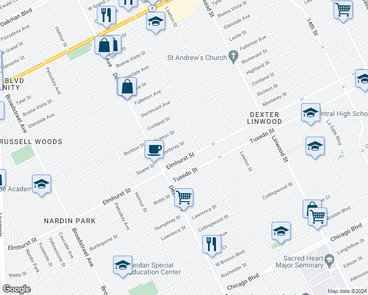 map of restaurants, bars, coffee shops, grocery stores, and more near 3236 Elmhurst Street in Detroit