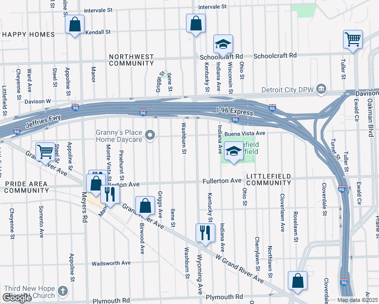 map of restaurants, bars, coffee shops, grocery stores, and more near 12725 Washburn Street in Detroit