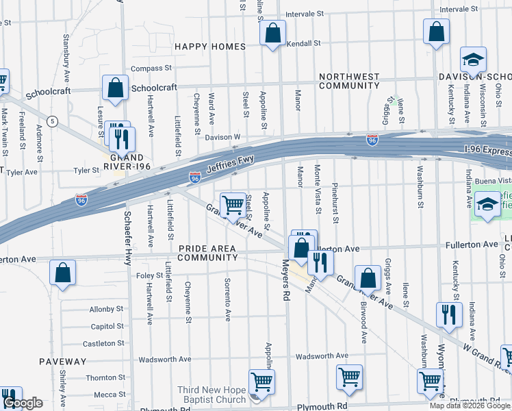 map of restaurants, bars, coffee shops, grocery stores, and more near 12858 Steel Street in Detroit