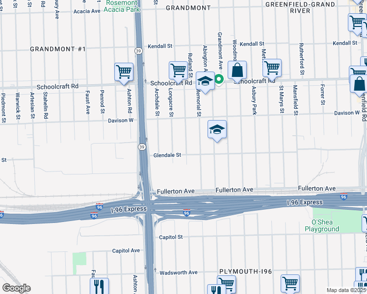 map of restaurants, bars, coffee shops, grocery stores, and more near 12817 Rutland Street in Detroit