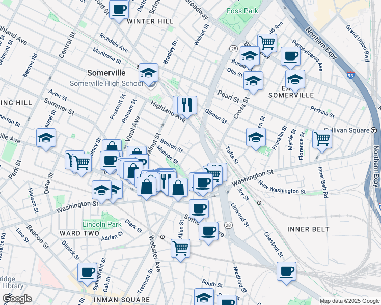 map of restaurants, bars, coffee shops, grocery stores, and more near 53 Boston Street in Somerville