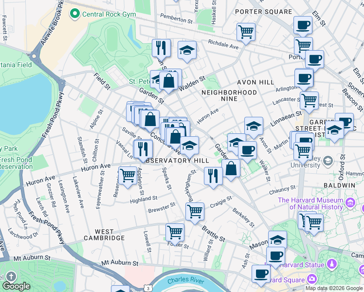 map of restaurants, bars, coffee shops, grocery stores, and more near 138-140 Huron Avenue in Cambridge