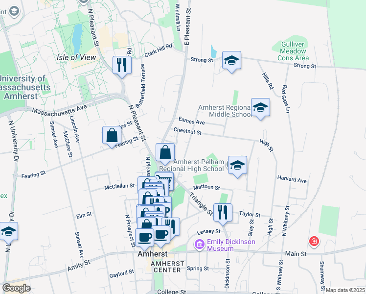 map of restaurants, bars, coffee shops, grocery stores, and more near 58 Cottage Street in Amherst