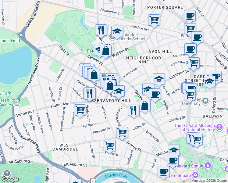 map of restaurants, bars, coffee shops, grocery stores, and more near 148 Huron Avenue in Cambridge