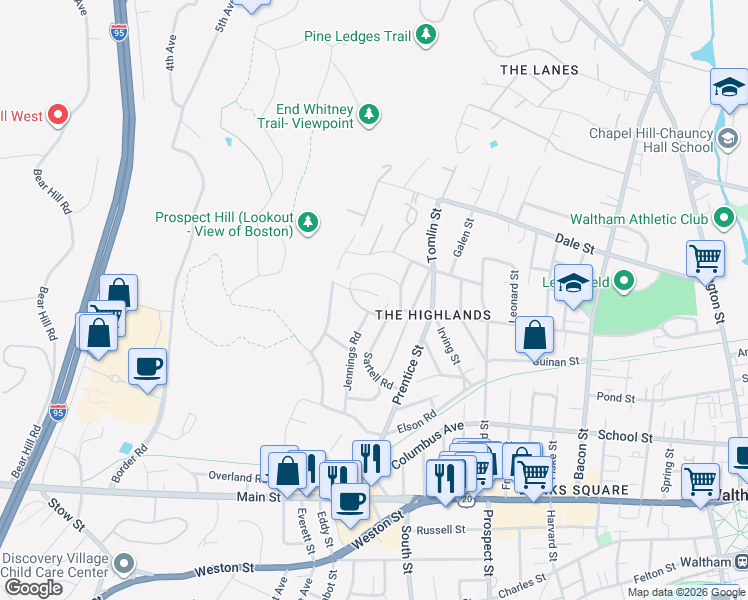 map of restaurants, bars, coffee shops, grocery stores, and more near 25 Wyola Prospect in Waltham