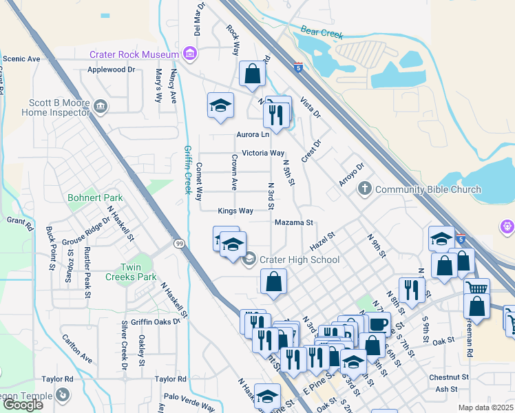 map of restaurants, bars, coffee shops, grocery stores, and more near 105 Kings Way in Central Point
