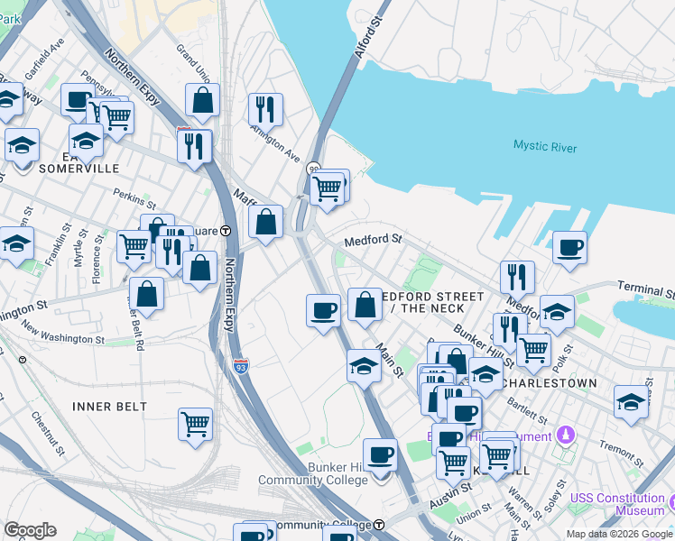 map of restaurants, bars, coffee shops, grocery stores, and more near 1 Charles Street in Boston