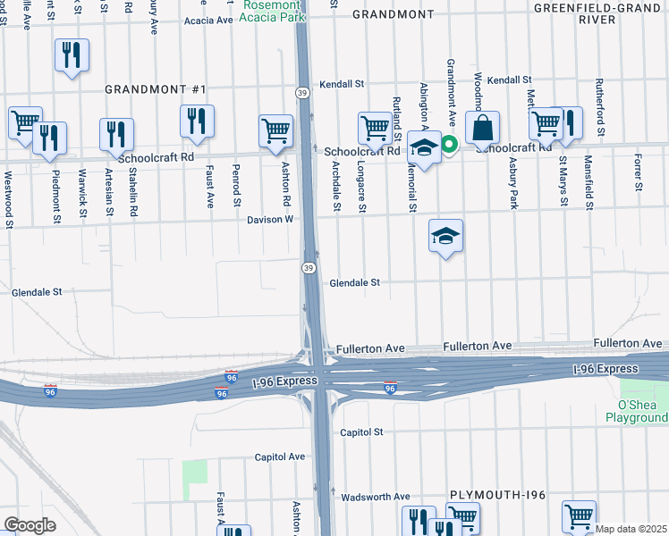 map of restaurants, bars, coffee shops, grocery stores, and more near 12835 Archdale Street in Detroit