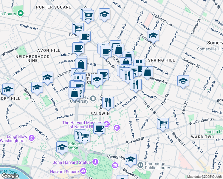 map of restaurants, bars, coffee shops, grocery stores, and more near 48 Sacramento Street in Cambridge