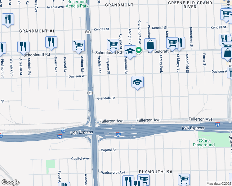 map of restaurants, bars, coffee shops, grocery stores, and more near 12817 Rutland Street in Detroit