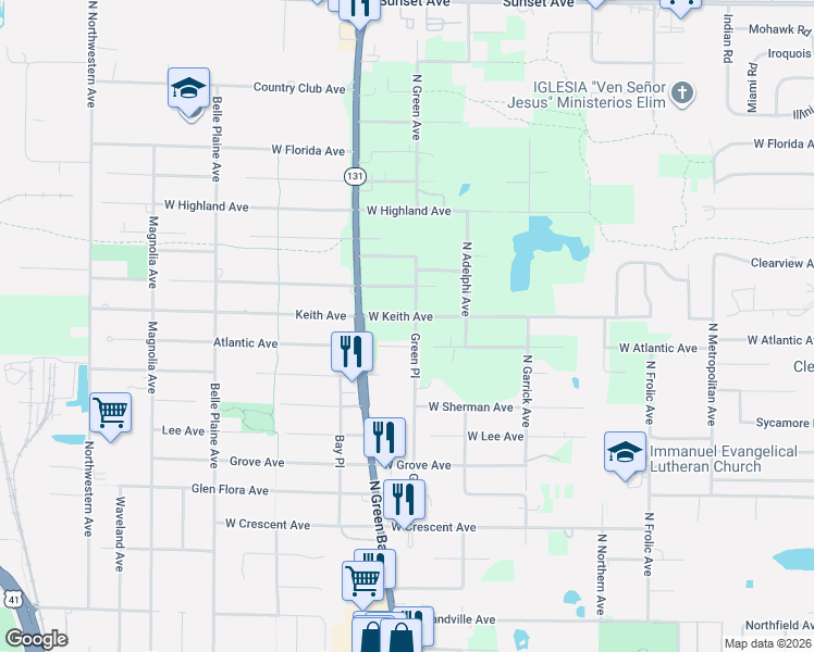 map of restaurants, bars, coffee shops, grocery stores, and more near 12865 West Keith Avenue in Waukegan