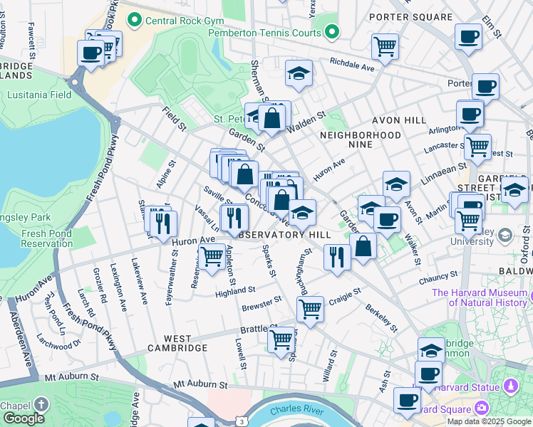 map of restaurants, bars, coffee shops, grocery stores, and more near 224 Concord Avenue in Cambridge