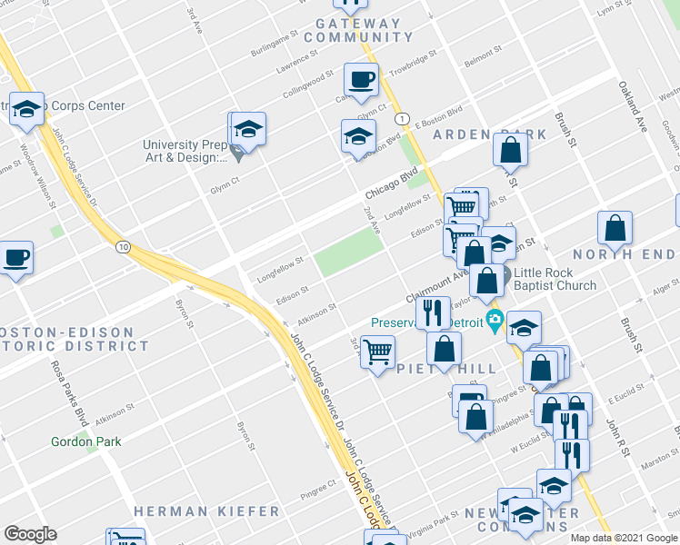 map of restaurants, bars, coffee shops, grocery stores, and more near 727 Edison St in Detroit