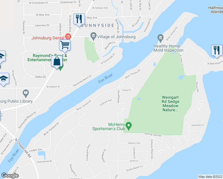 map of restaurants, bars, coffee shops, grocery stores, and more near 1413 West River Terrace Drive in Johnsburg