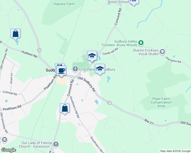 map of restaurants, bars, coffee shops, grocery stores, and more near 280 Sudbury Road in Sudbury