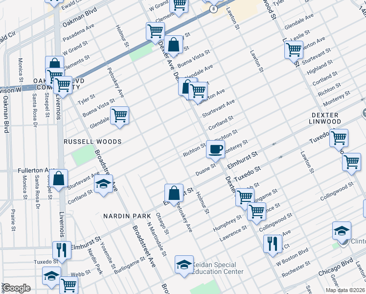 map of restaurants, bars, coffee shops, grocery stores, and more near 3815 Cortland Street in Detroit