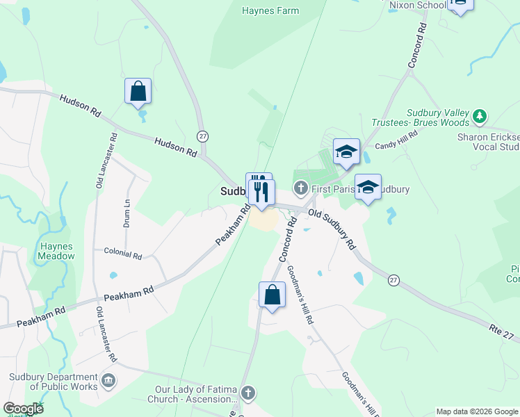 map of restaurants, bars, coffee shops, grocery stores, and more near 29 Hudson Road in Sudbury