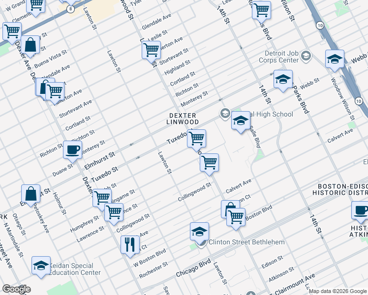 map of restaurants, bars, coffee shops, grocery stores, and more near 2674 Webb Street in Detroit