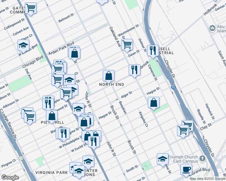 map of restaurants, bars, coffee shops, grocery stores, and more near 455 King St in Detroit