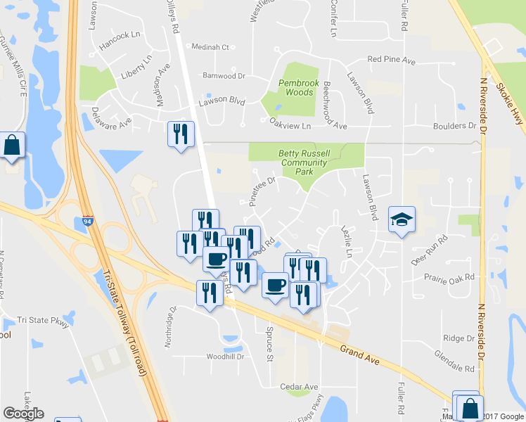map of restaurants, bars, coffee shops, grocery stores, and more near 5396 Virginia Court in Gurnee
