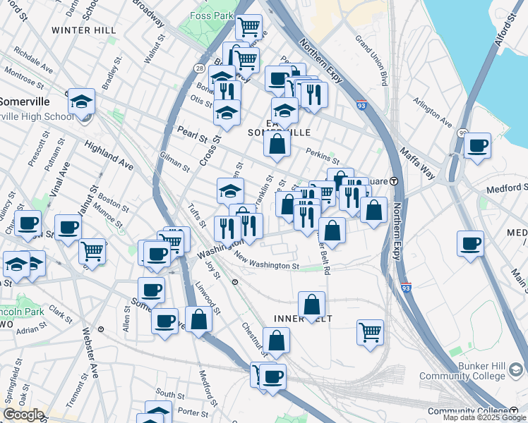 map of restaurants, bars, coffee shops, grocery stores, and more near 26 Franklin Avenue in Somerville