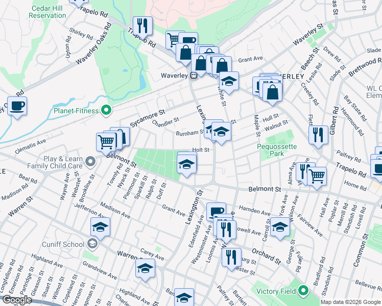 map of restaurants, bars, coffee shops, grocery stores, and more near 62 Knowles Road in Belmont