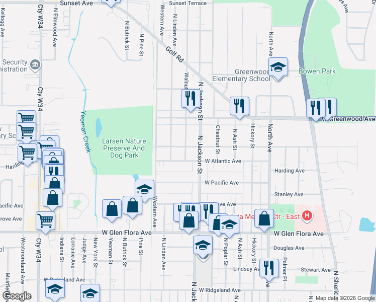 map of restaurants, bars, coffee shops, grocery stores, and more near 1623 Walnut Street in Waukegan