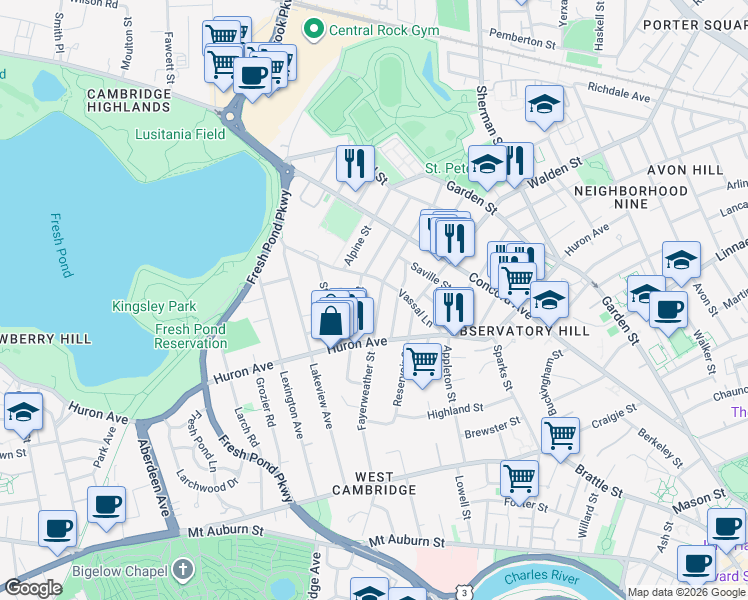 map of restaurants, bars, coffee shops, grocery stores, and more near 101 Fayerweather Street in Cambridge