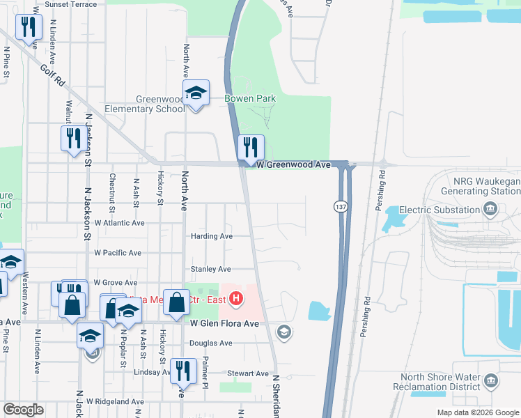 map of restaurants, bars, coffee shops, grocery stores, and more near 221 East Keith Avenue in Waukegan