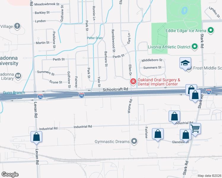 map of restaurants, bars, coffee shops, grocery stores, and more near 29855 Schoolcraft Service Road in Livonia