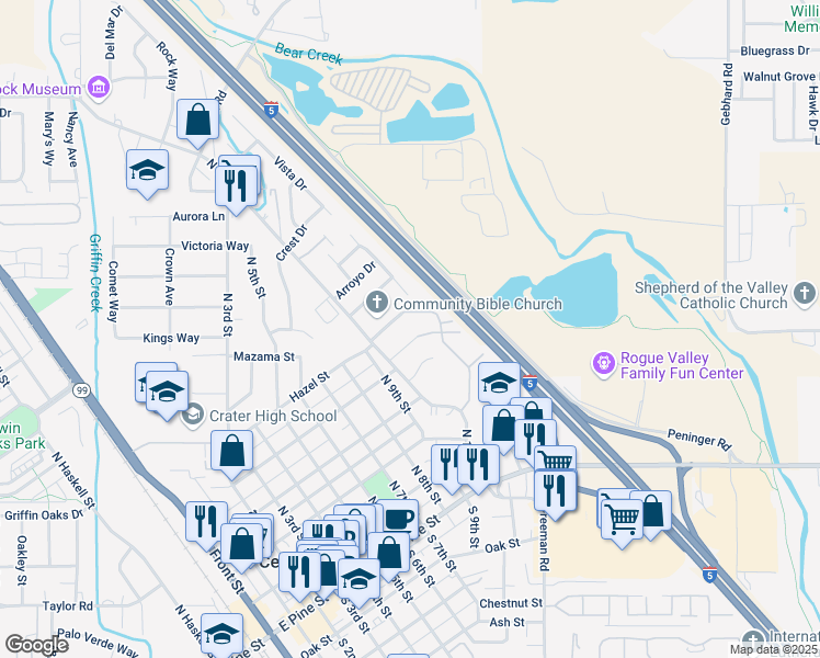 map of restaurants, bars, coffee shops, grocery stores, and more near 1010 Hazel Street in Central Point