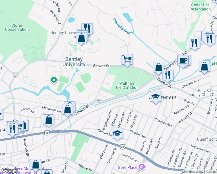 map of restaurants, bars, coffee shops, grocery stores, and more near 19 Floral Circle in Waltham