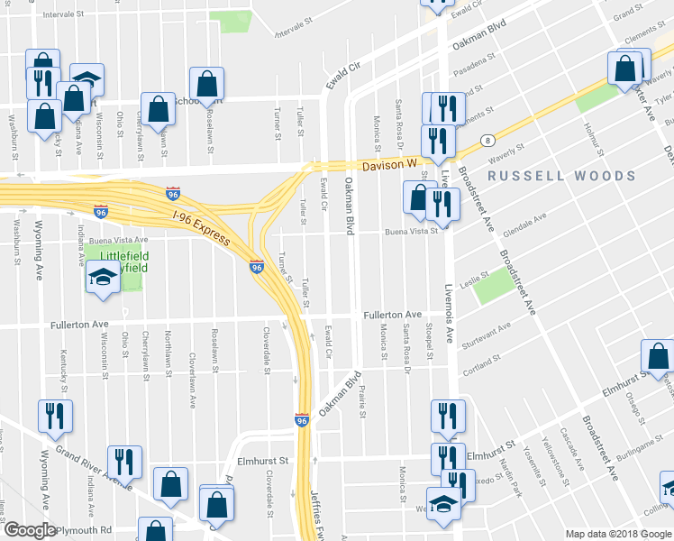 map of restaurants, bars, coffee shops, grocery stores, and more near 3301 Ewald Circle in Detroit