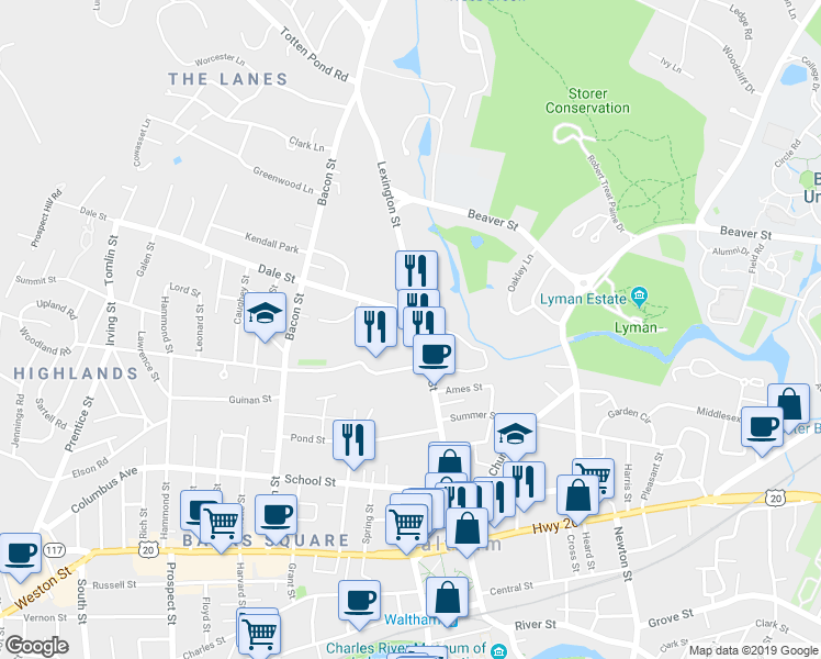 map of restaurants, bars, coffee shops, grocery stores, and more near 188 Lexington Street in Waltham