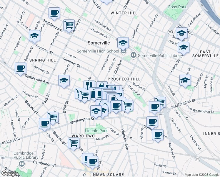map of restaurants, bars, coffee shops, grocery stores, and more near 11 Vinal Avenue in Somerville