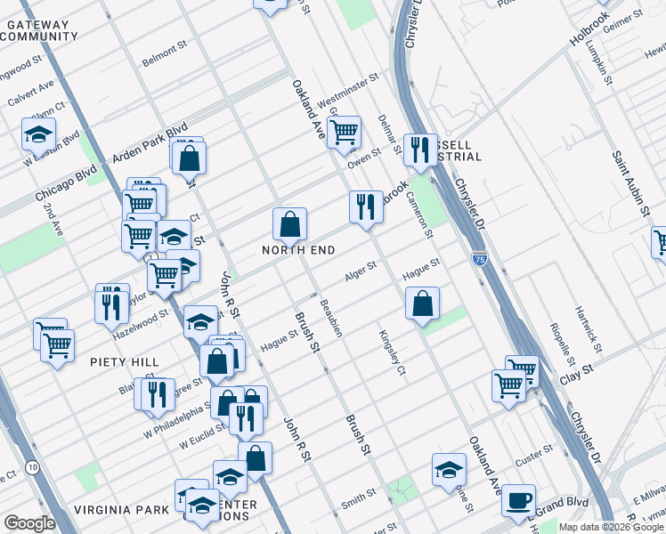 map of restaurants, bars, coffee shops, grocery stores, and more near 550 King Street in Detroit