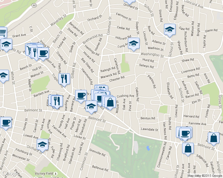 map of restaurants, bars, coffee shops, grocery stores, and more near 37 Payson Road in Belmont