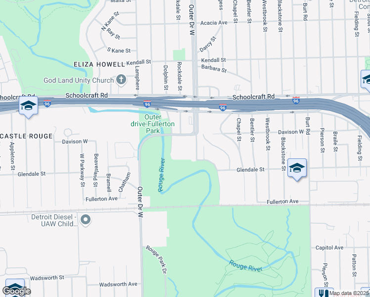 map of restaurants, bars, coffee shops, grocery stores, and more near 12645 Outer Drive West in Detroit
