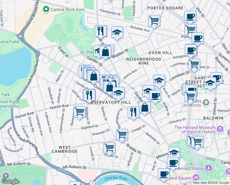 map of restaurants, bars, coffee shops, grocery stores, and more near 138-140 Huron Avenue in Cambridge