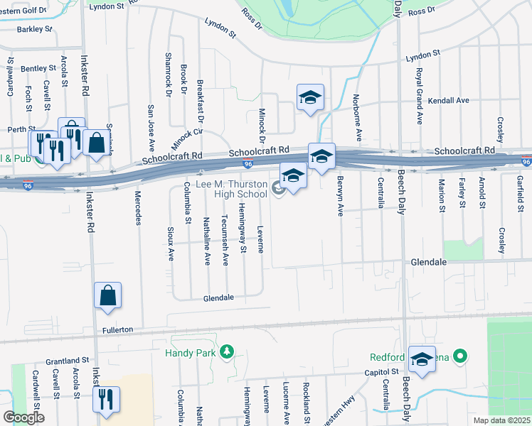 map of restaurants, bars, coffee shops, grocery stores, and more near 13111 Leverne in Redford Charter Township
